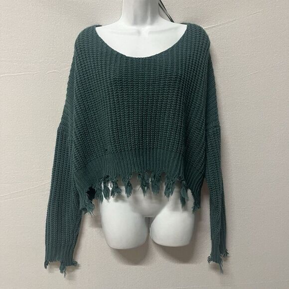 Miracle USA Forest Green Distressed‎ Sweater Oversized Frayed Wide Neck Knit S M - Picture 1 of 7